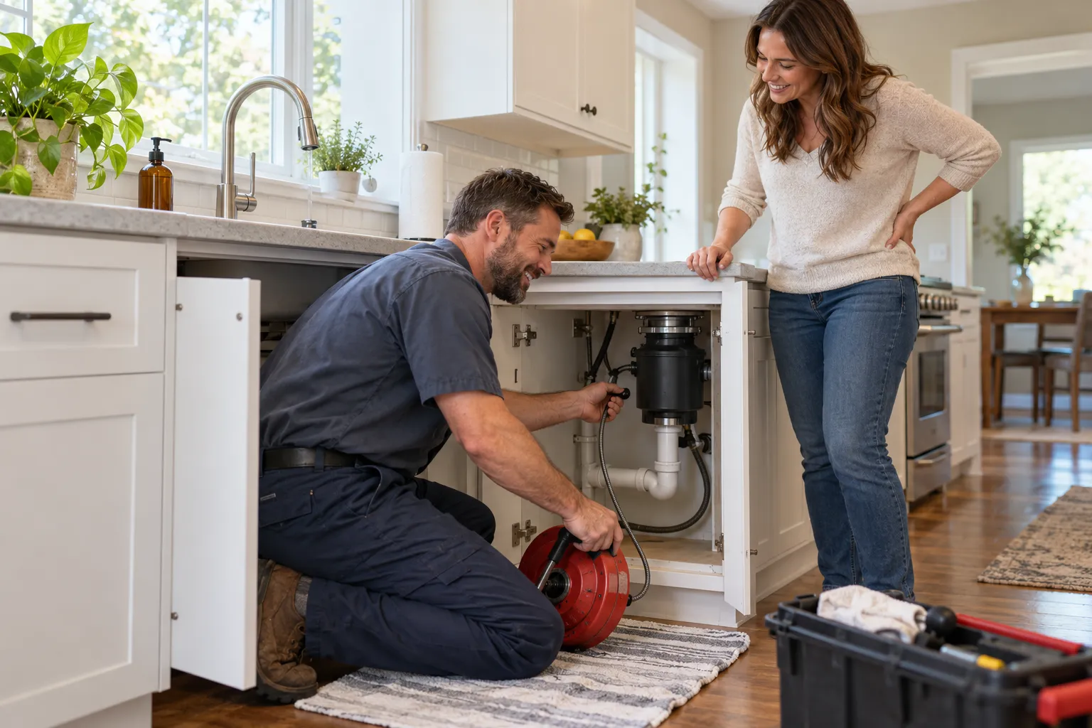 A friendly local provider clearing a kitchen sink drain in a Plano home