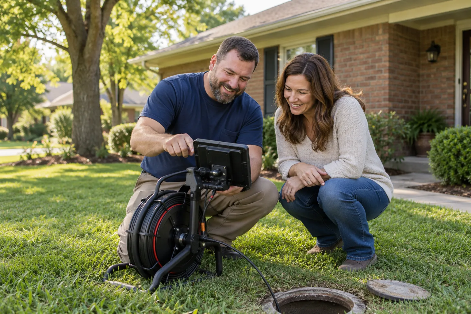 A local provider reviewing a sewer camera inspection with a homeowner in a yard in Plano